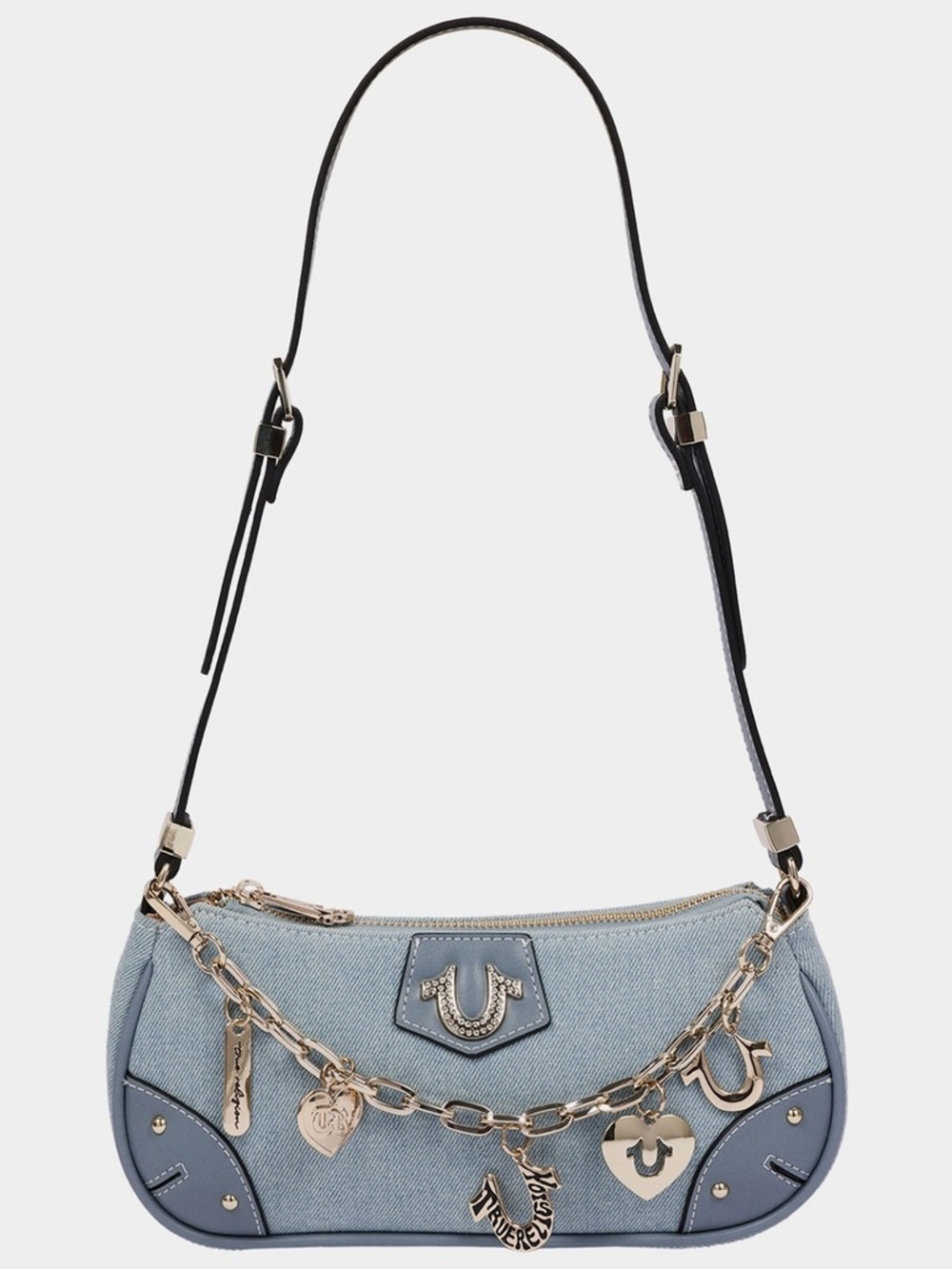 True Religion Light Blue Denim Shoulder Bag w/ Charm Chain